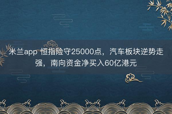 米兰app 恒指险守25000点，汽车板块逆势走强，南向资金净买入60亿港元